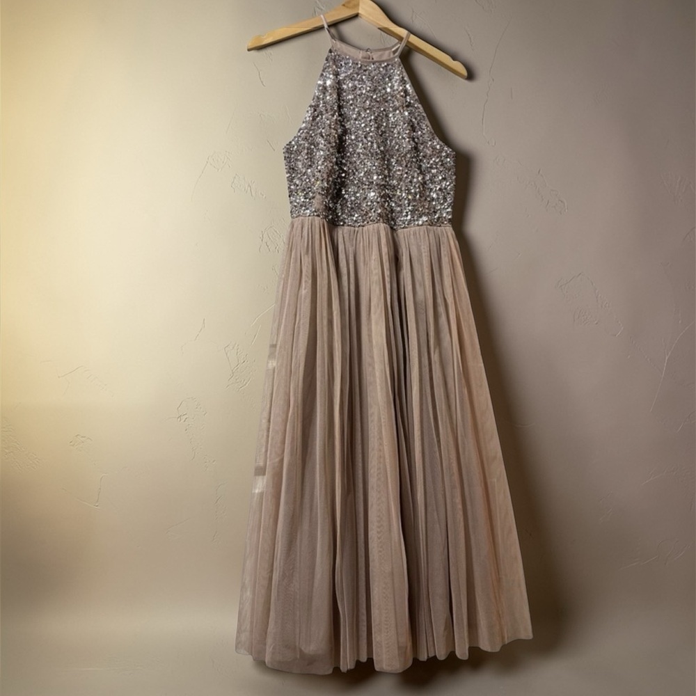 Prom dress Maya Deluxe Womens Gown Gold Sequins and Toll bottom Size Small - Picture 6 of 12